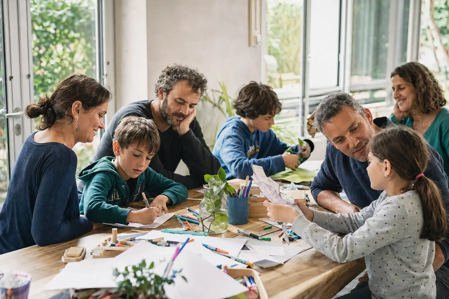 Enfants et adultes réunis autour d'une activité créative lors d'un temps d'entraide